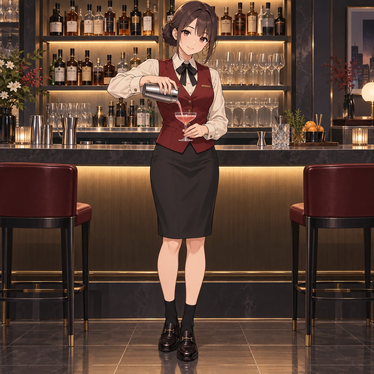 赤いベストと黒いスカートでカクテルを注ぐ女性バーテンダーのアニメ調イラスト