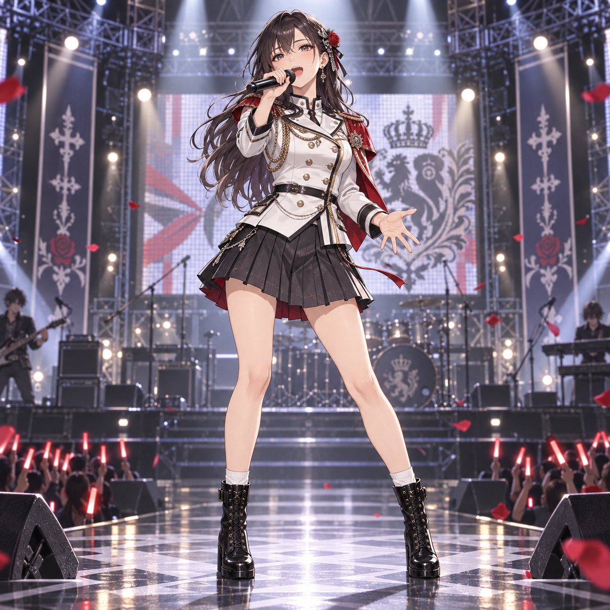白いミリタリージャケットと赤い差し色で歌うロック系アイドルのアニメ調イラスト