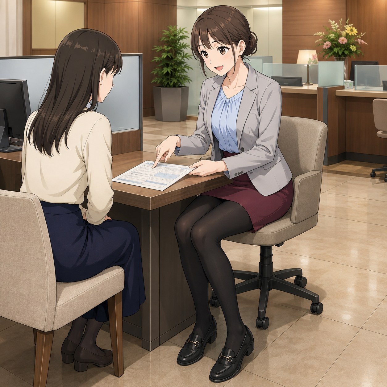 ライトグレージャケットとボルドーミニスカートに黒パンストを合わせて相談対応する銀行員のアニメ調イラスト