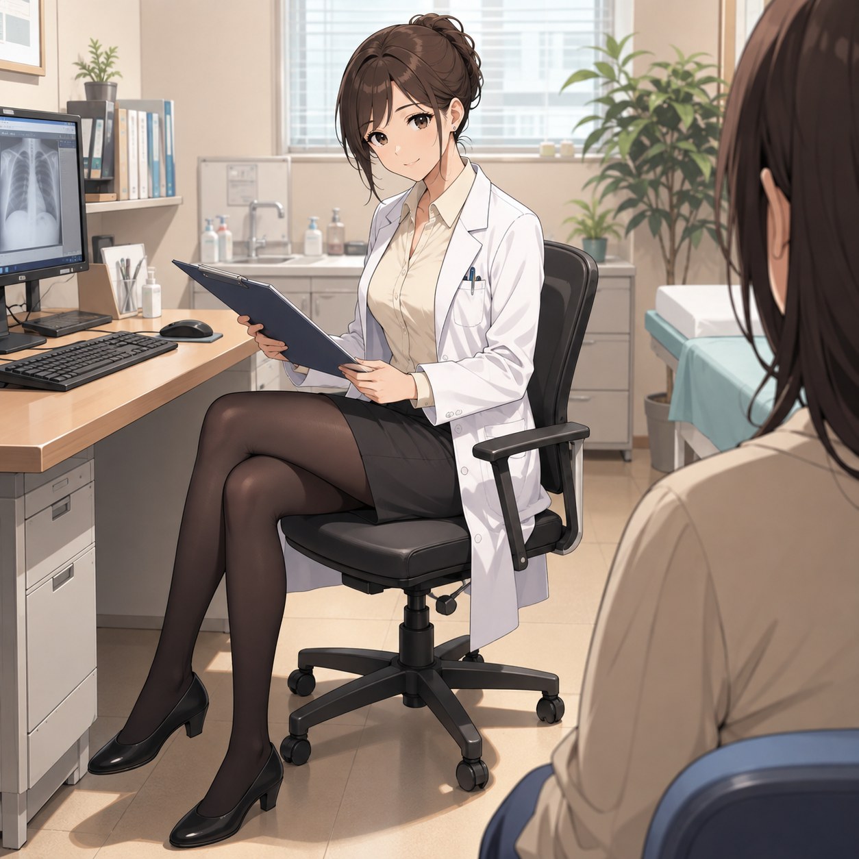 白衣とチャコールスカートに黒パンストを合わせてカルテを確認する女性医師のアニメ調イラスト