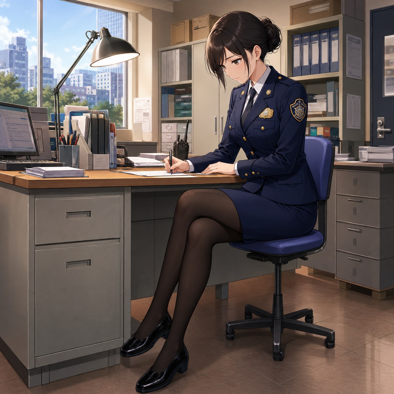 ネイビー制服とスカートに黒パンストを合わせて記録を整理する女性警察官のアニメ調イラスト