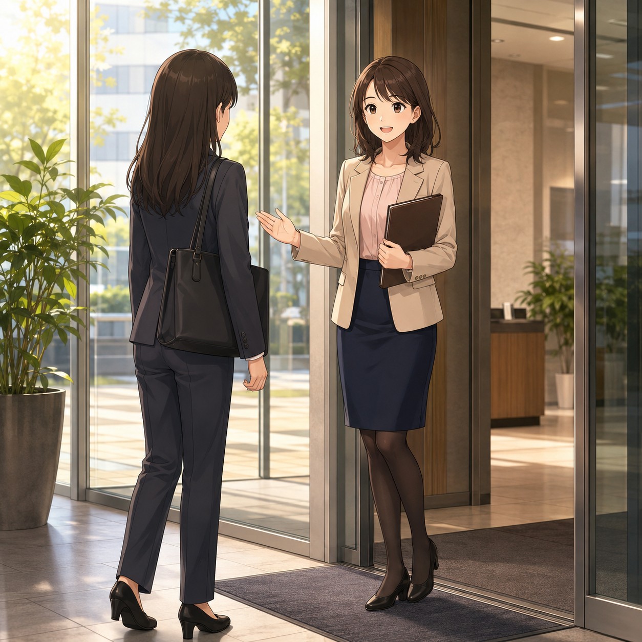 ベージュジャケットとネイビースカートで顧客に挨拶する営業職OLのアニメ調イラスト