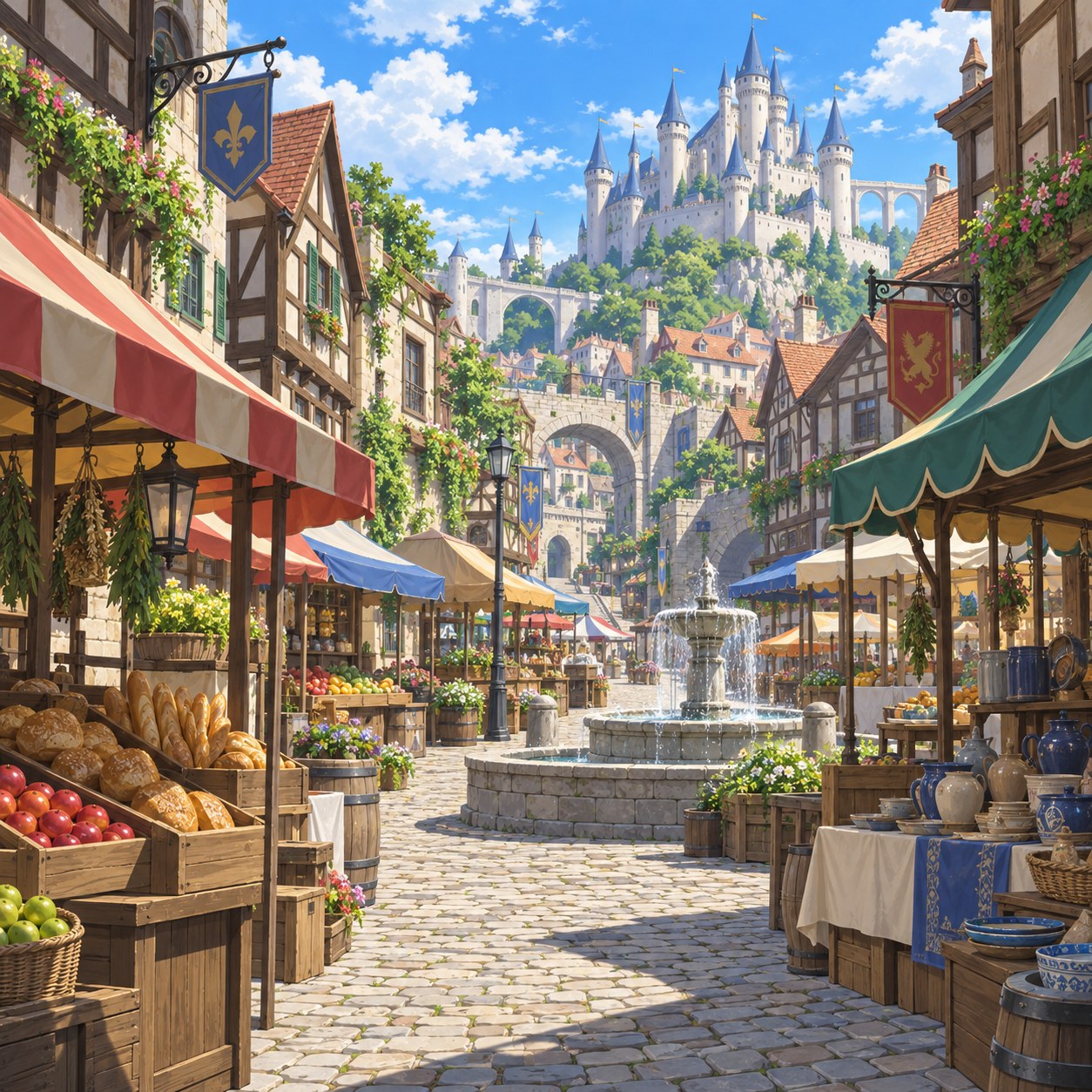 城下町の市場のアニメ背景