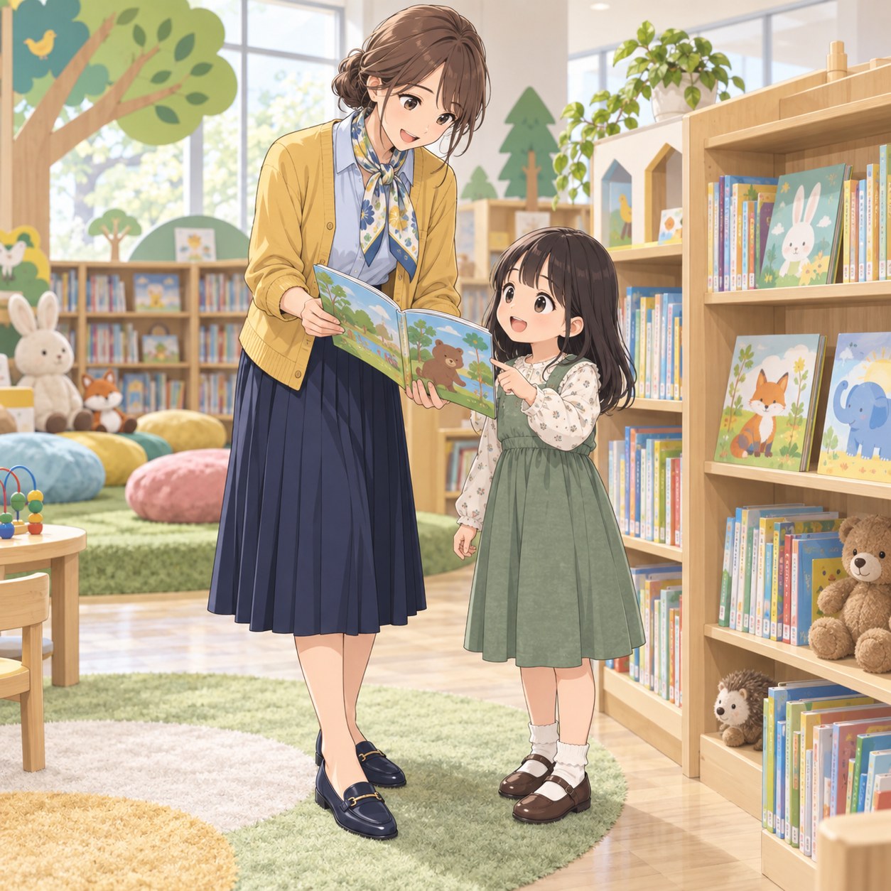 児童書コーナーの図書館司書コーデ