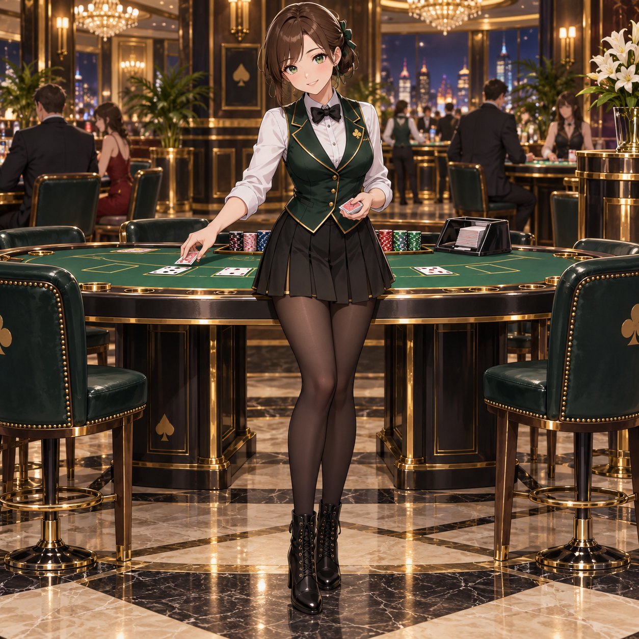 エメラルド色のベストでカードを配る女性ブラックジャックディーラーのアニメ調イラスト