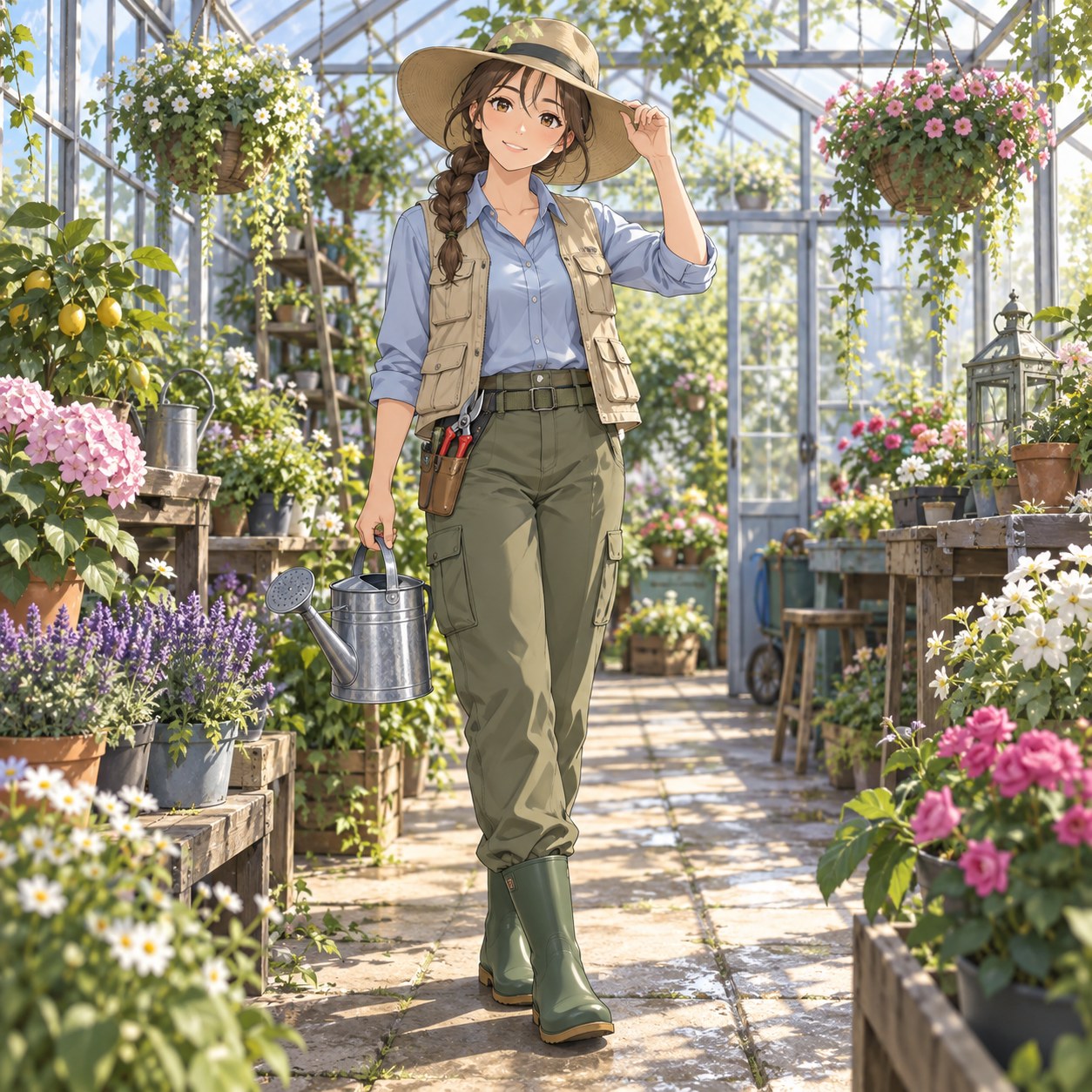ユーティリティベストとカーゴパンツで温室を手入れするガーデナーのアニメ調イラスト