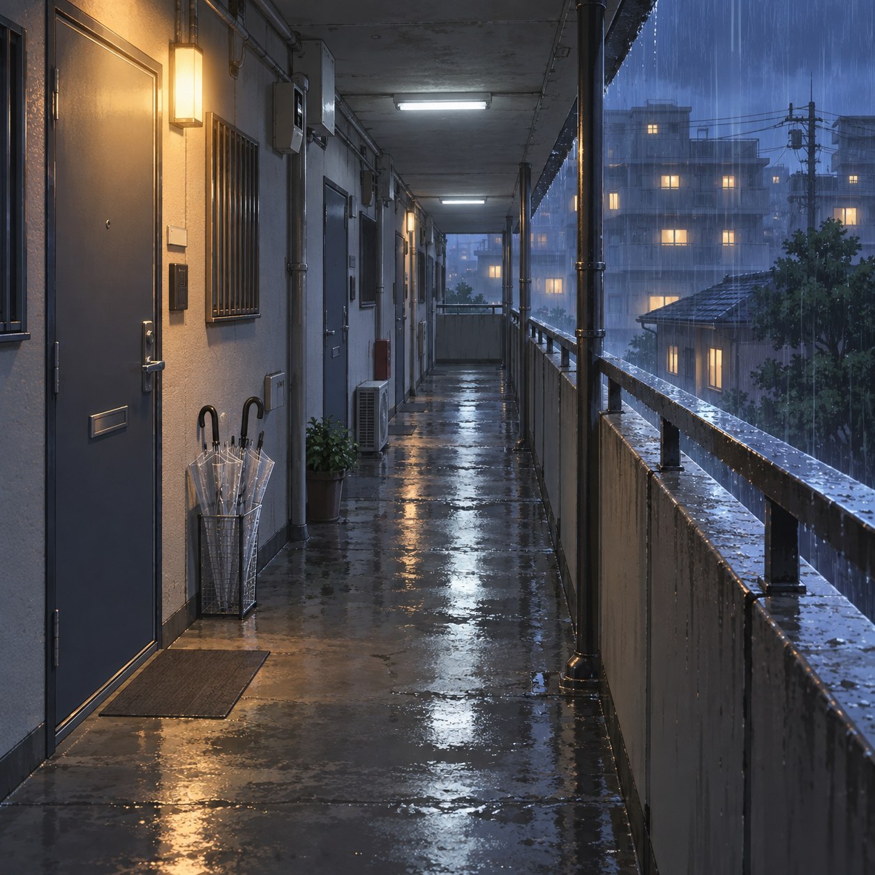 雨に濡れた古いアパートの外廊下背景