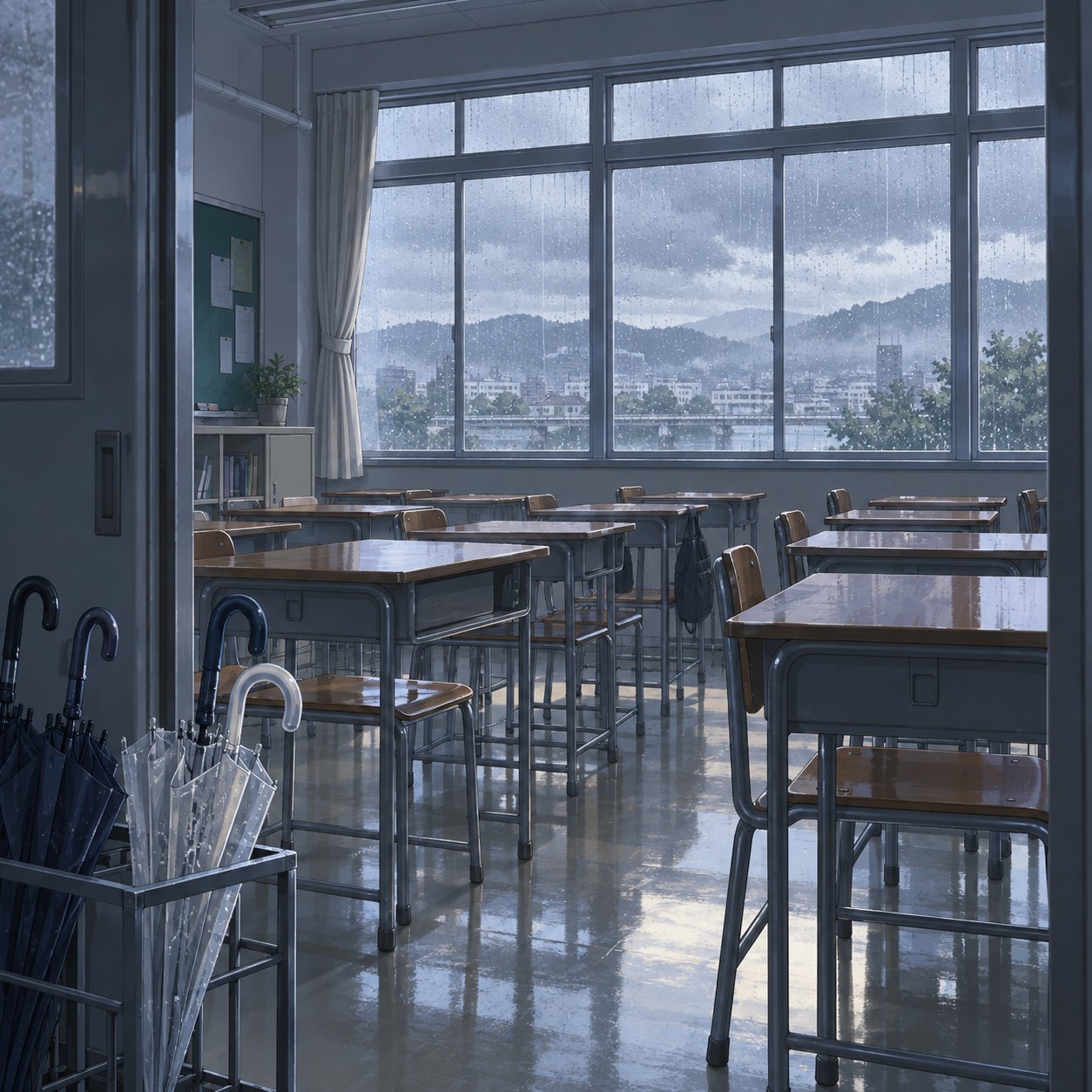 雨の日の教室のアニメ背景