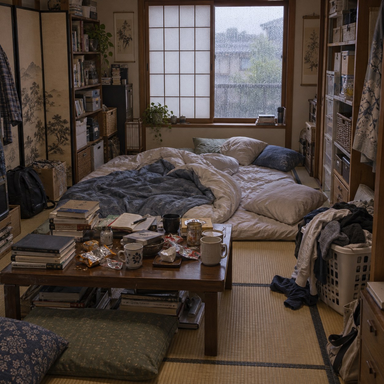 ローテーブルと食べ物が残る畳の汚部屋背景