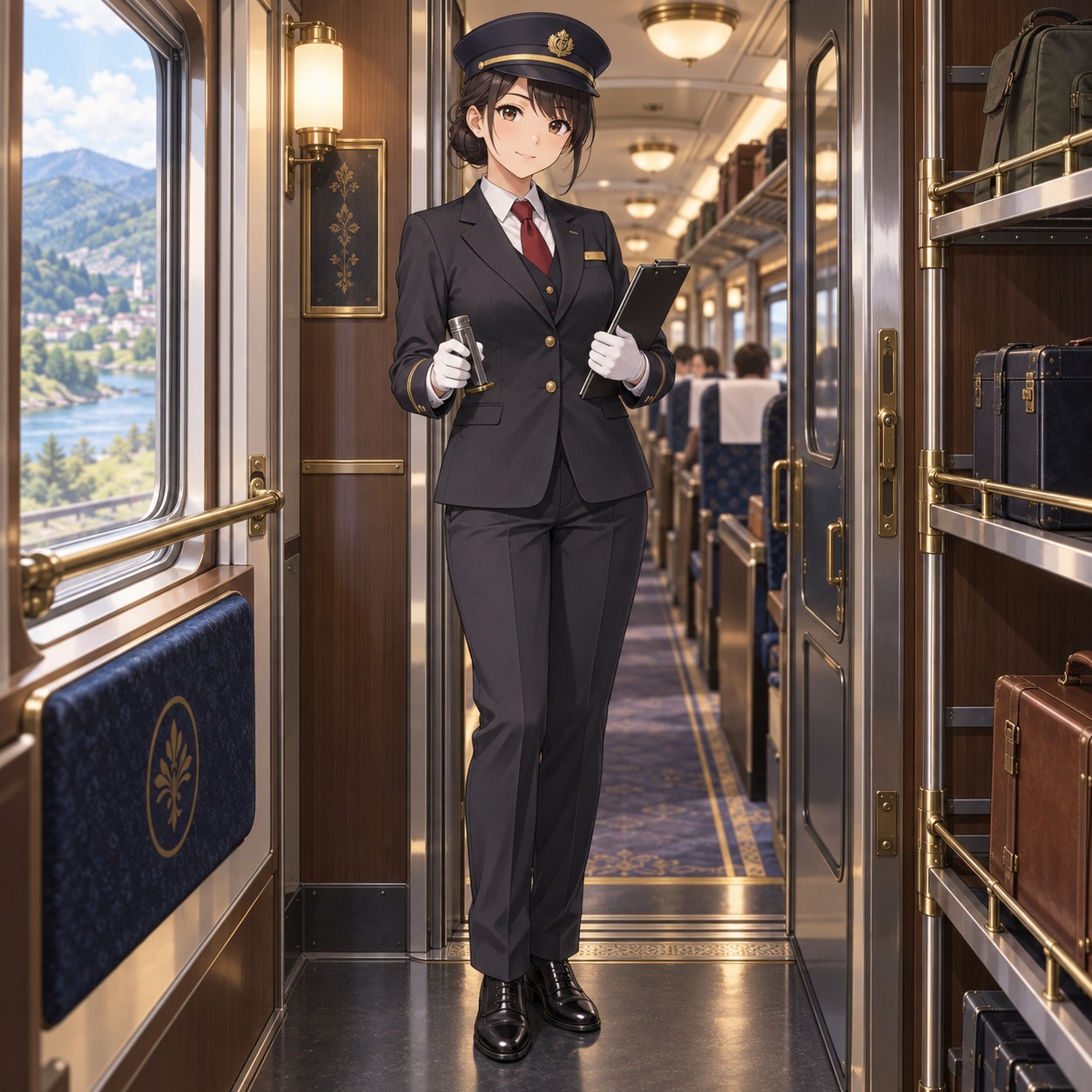 チャコールの制服と制帽で車内を巡回する女性車掌のアニメ調イラスト