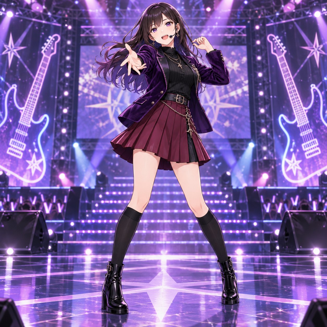 バイオレットのベルベットジャケットと黒ハイソックスのロック系アイドルのアニメ調イラスト
