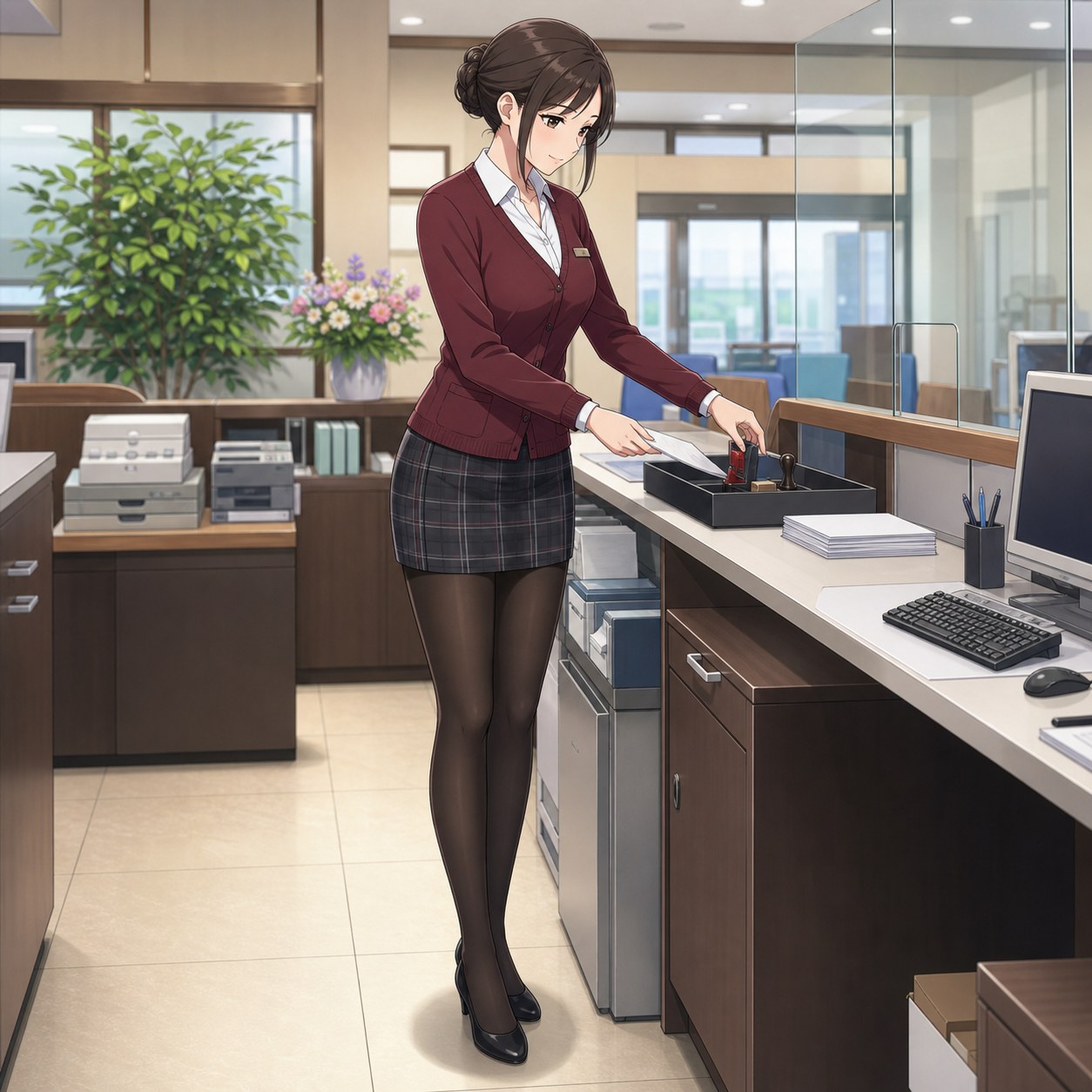 ボルドーカーディガンとチェック柄ミニスカートに黒パンストを合わせて事務作業をする銀行員のアニメ調イラスト