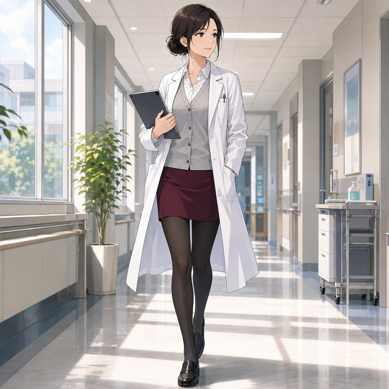 白衣とボルドースカートに黒パンストを合わせて病院廊下を歩く女性医師のアニメ調イラスト