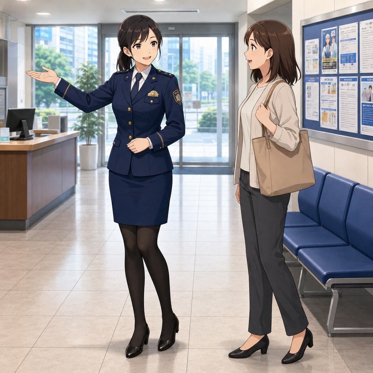 スカート制服と黒パンストで来庁者を案内する女性警察官のアニメ調イラスト