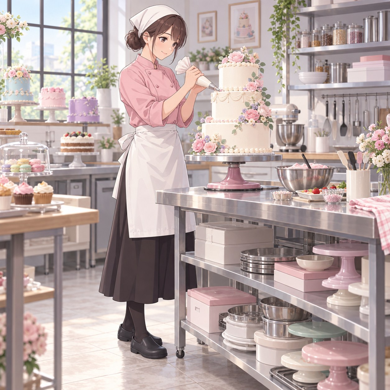 ピンクのジャケットと白いエプロンでケーキを飾る女性デコレーターのアニメ調イラスト