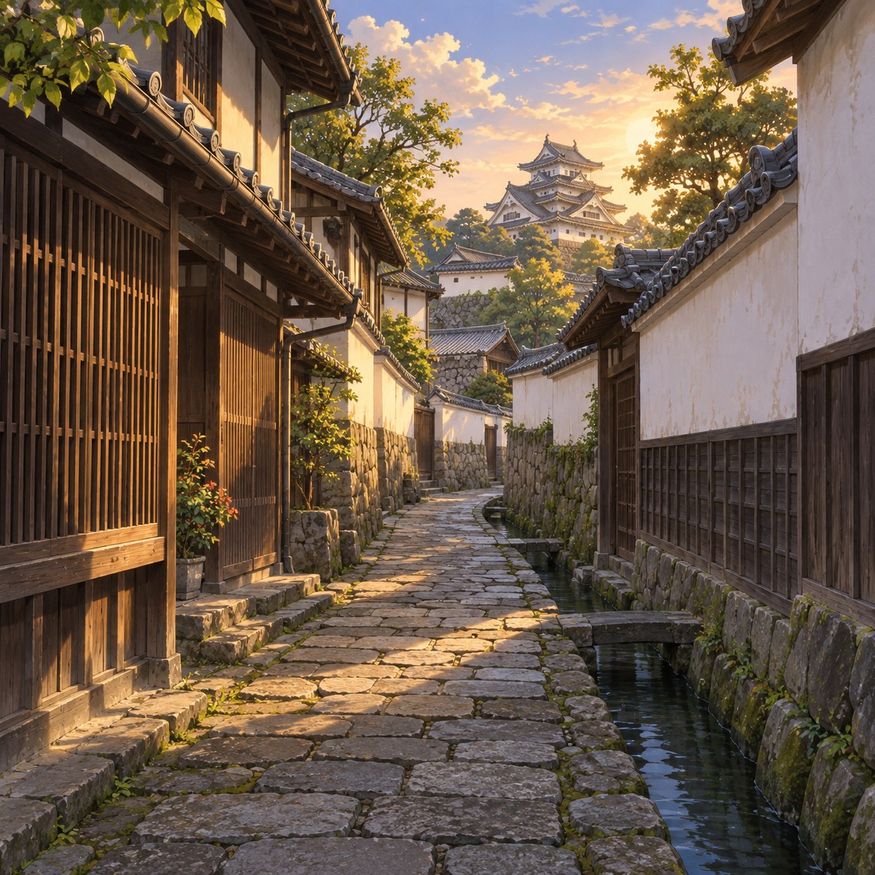 城下町の路地のアニメ背景