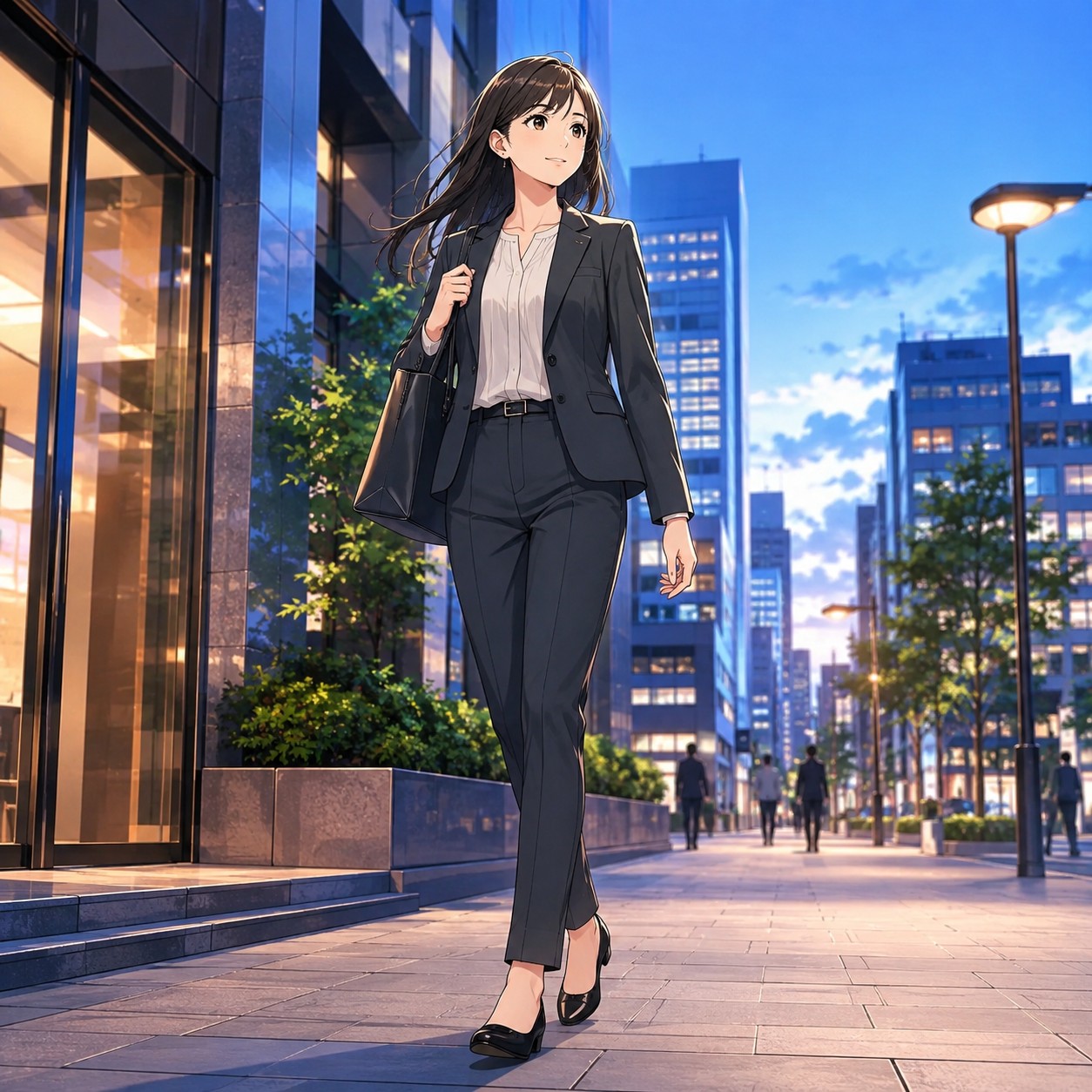 チャコールのパンツスーツでビジネス街を歩く営業職OLのアニメ調イラスト