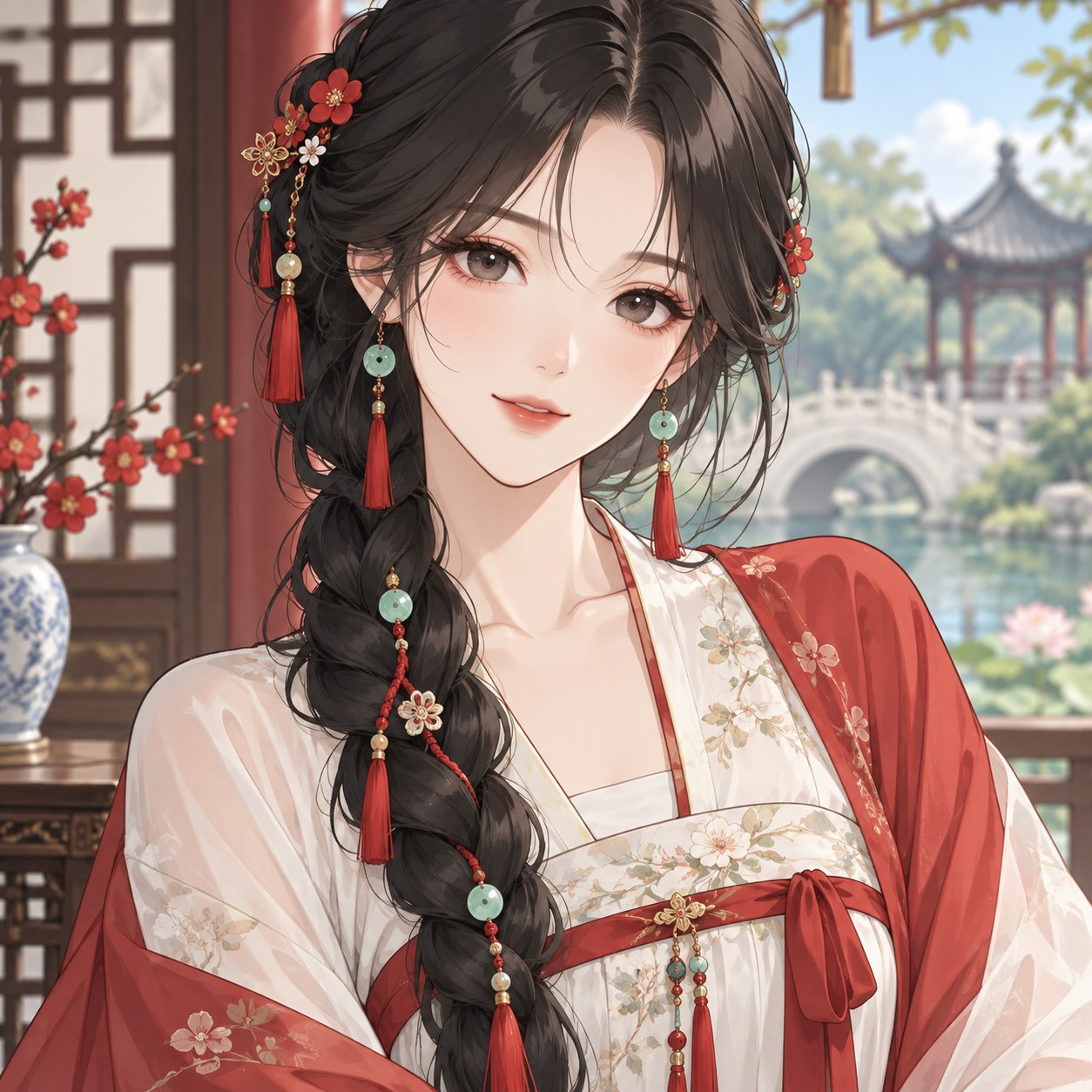 Chinese side braid with tassels