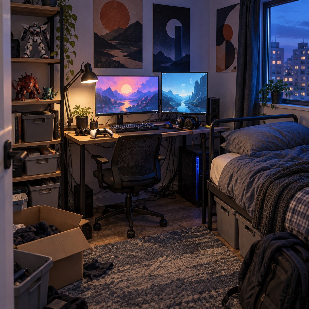 ゲーム用モニターが並ぶ狭い趣味部屋の背景