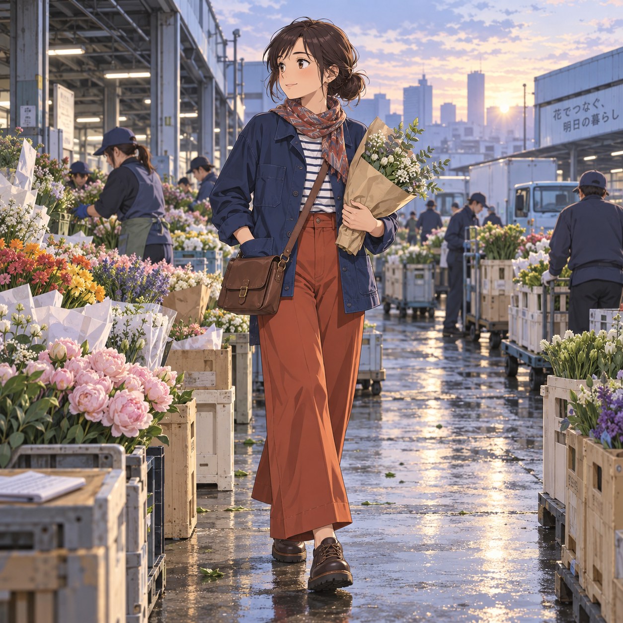 ワークジャケットとワイドパンツで花市場を歩く仕入れ担当者のアニメ調イラスト