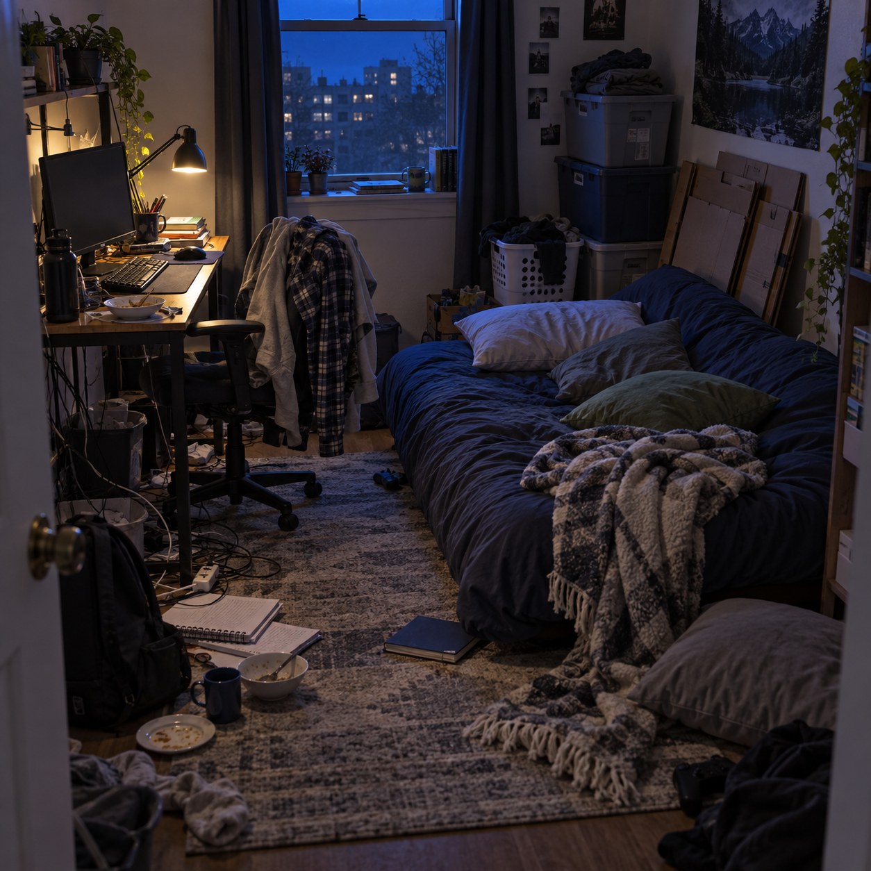机と布団が近接する夜の汚部屋背景