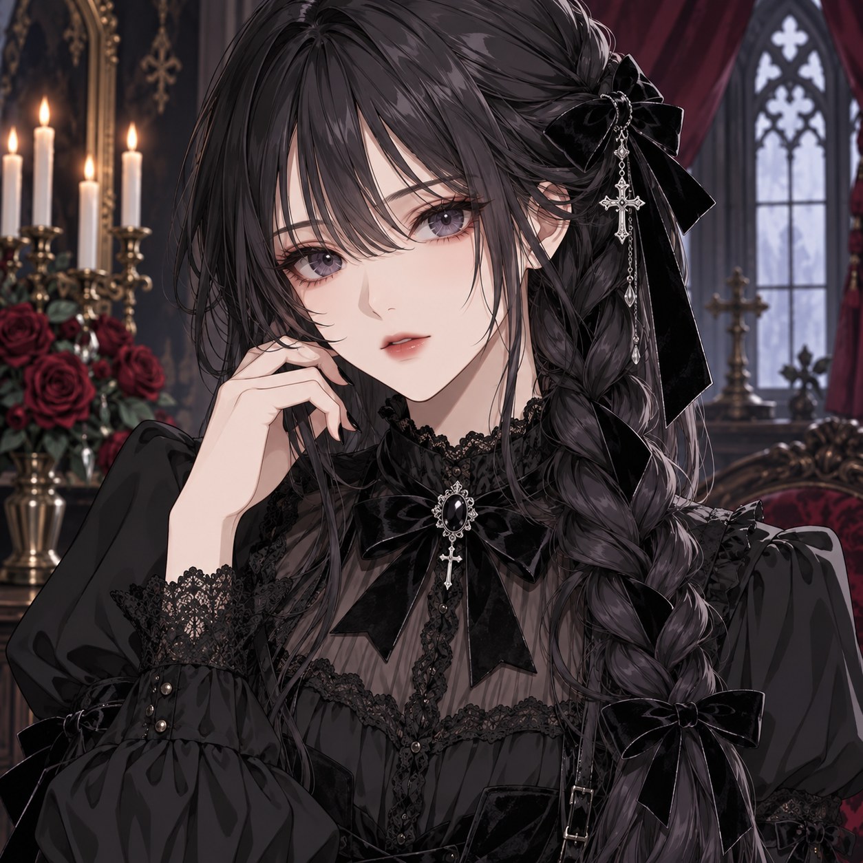 gothic side braid with velvet ribbon