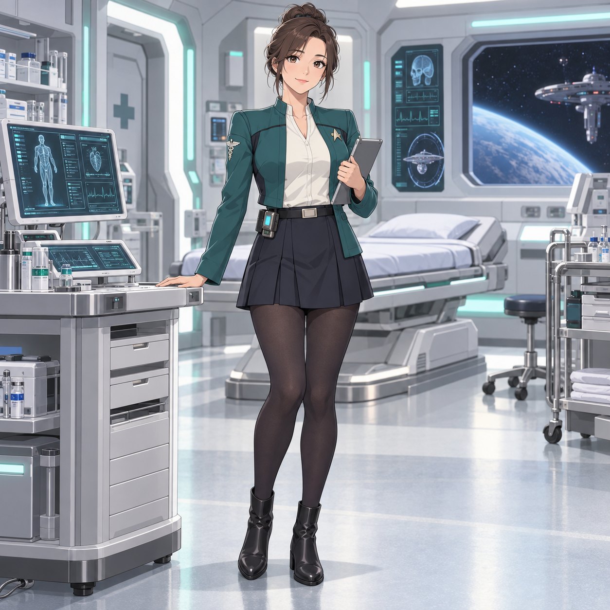 ティール色のジャケットと通信端末を身につけた宇宙船メディックのアニメ調イラスト