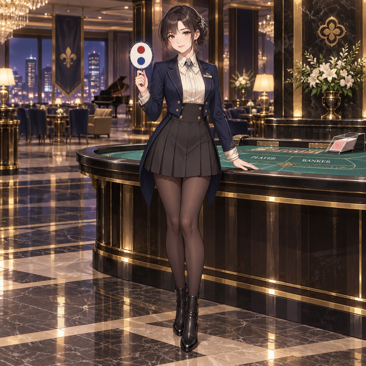 ミッドナイトブルーのテールコート風衣装でバカラを担当する女性ディーラーのアニメ調イラスト