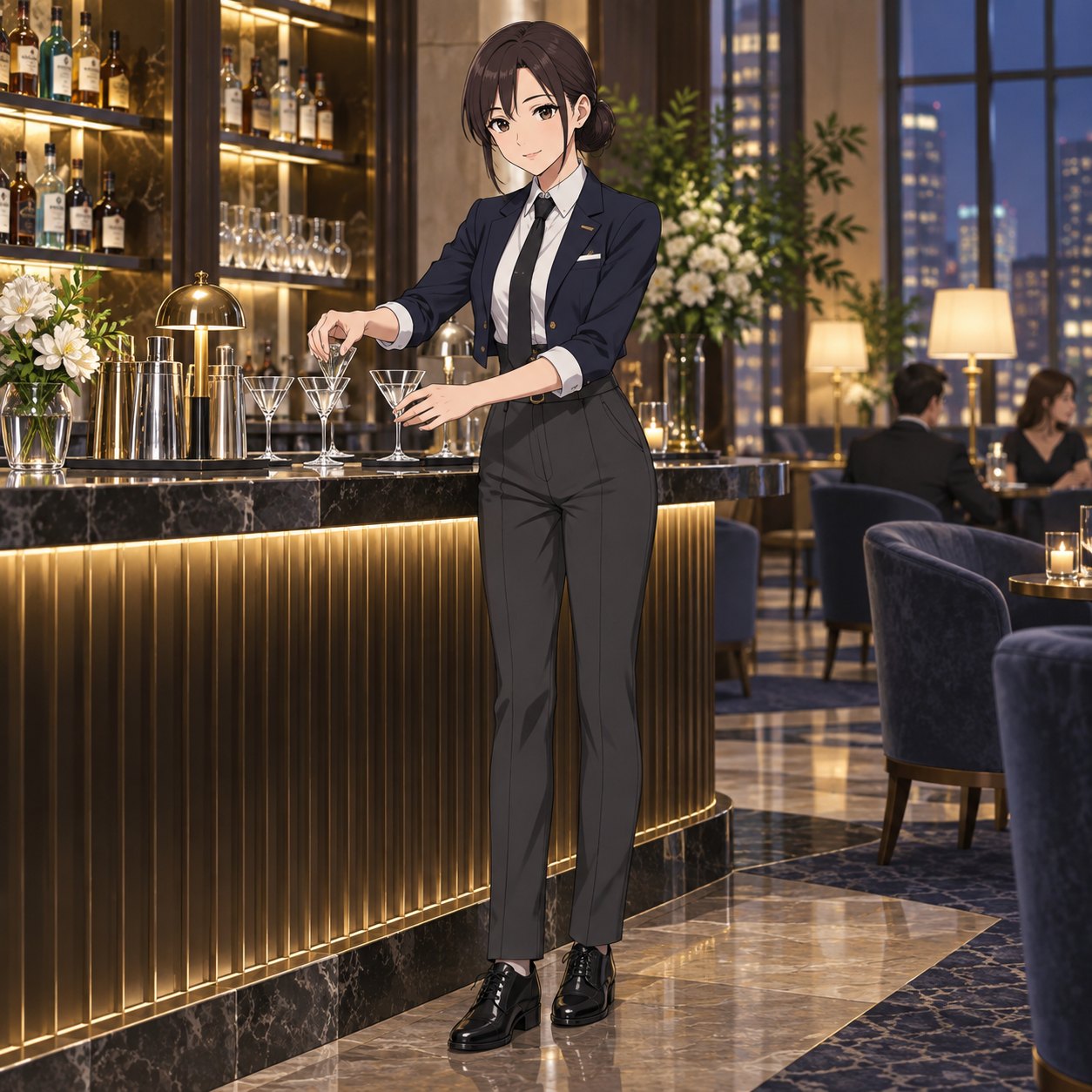 ネイビージャケットとパンツでグラスを整える女性バーテンダーのアニメ調イラスト