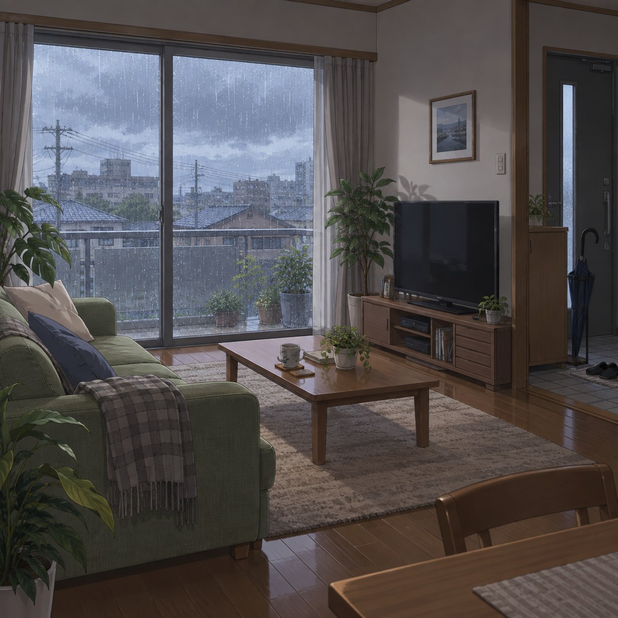 雨の日の窓辺とソファがあるリビング背景