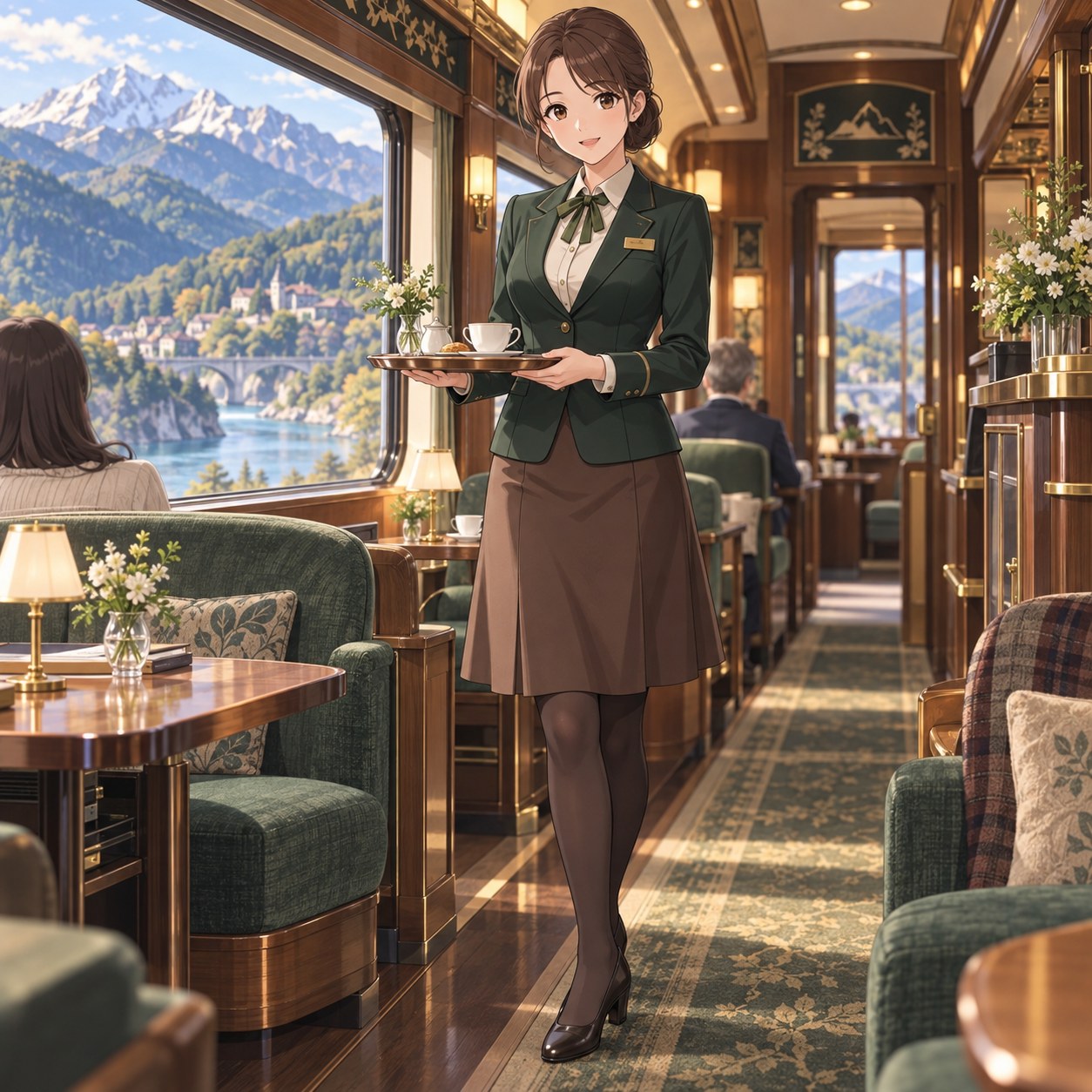 グリーンジャケットとブラウンのスカートで観光列車に乗務する女性スタッフのアニメ調イラスト