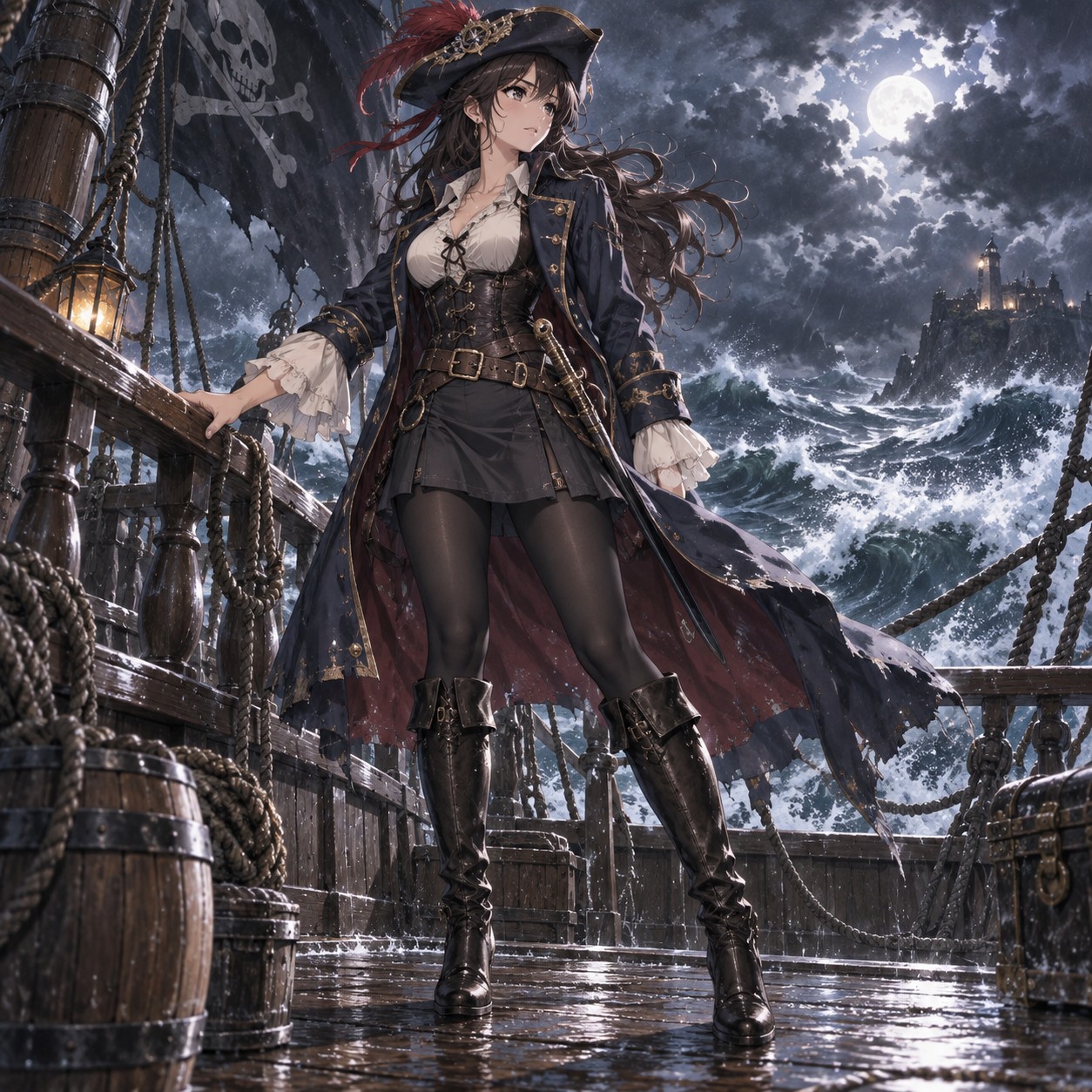 ロングコートと黒いミニスカートで嵐の船上に立つ女性海賊のアニメ調イラスト