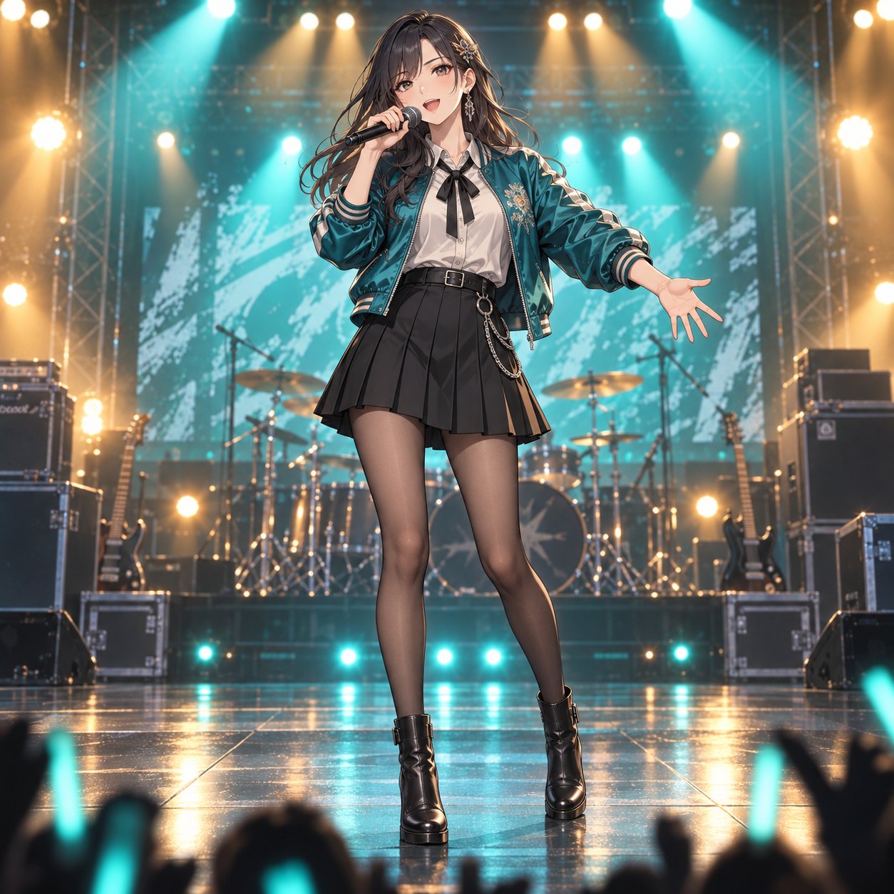 ティール色のボンバージャケットと薄手タイツを合わせたロック系アイドルのアニメ調イラスト