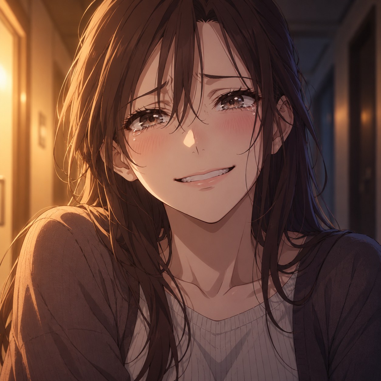 泣き笑いになった崩れた表情