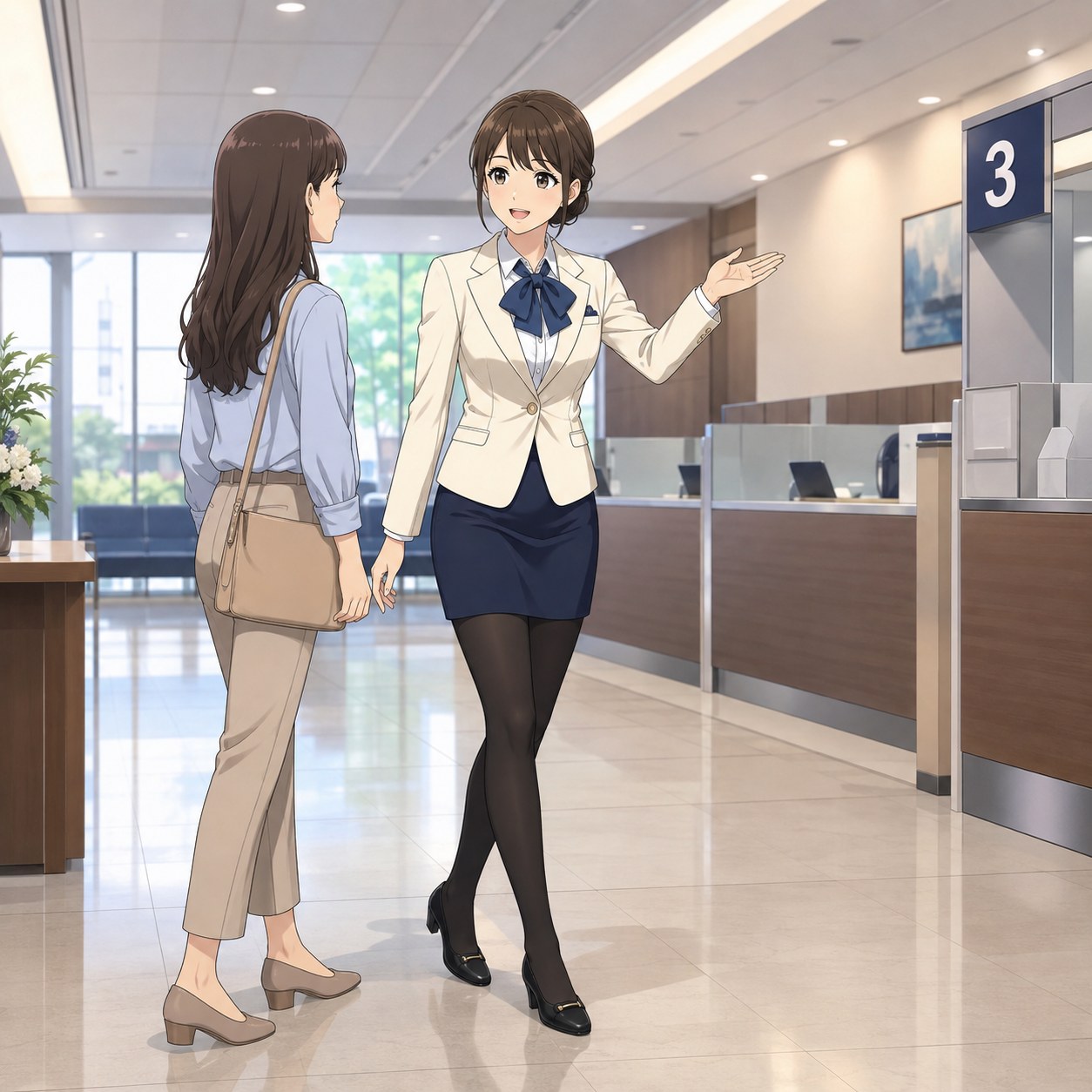 クリームブレザーとネイビーミニスカートに黒パンストを合わせて館内案内をする銀行員のアニメ調イラスト