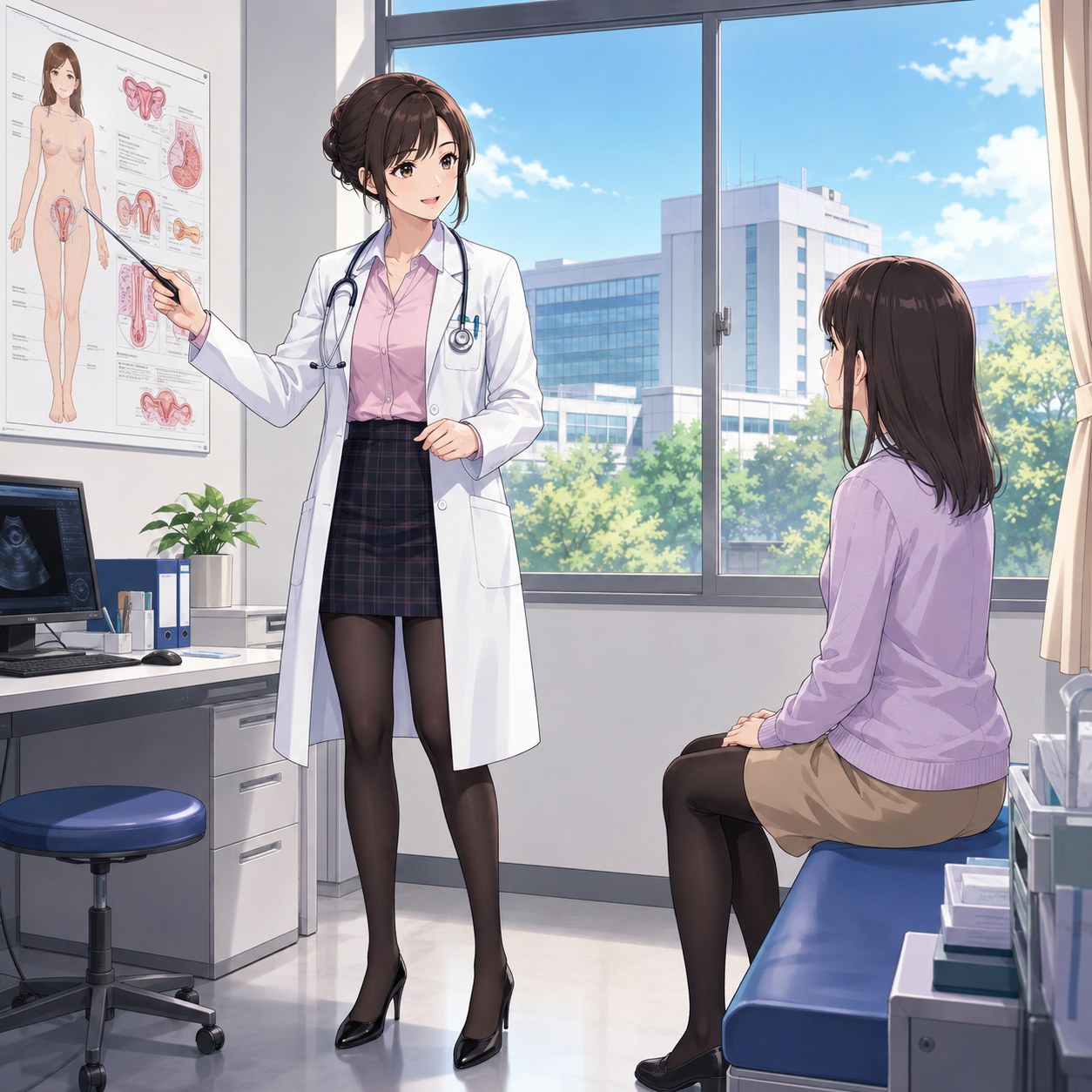 白衣とチェック柄スカートに黒パンストを合わせて診察内容を説明する女性医師のアニメ調イラスト