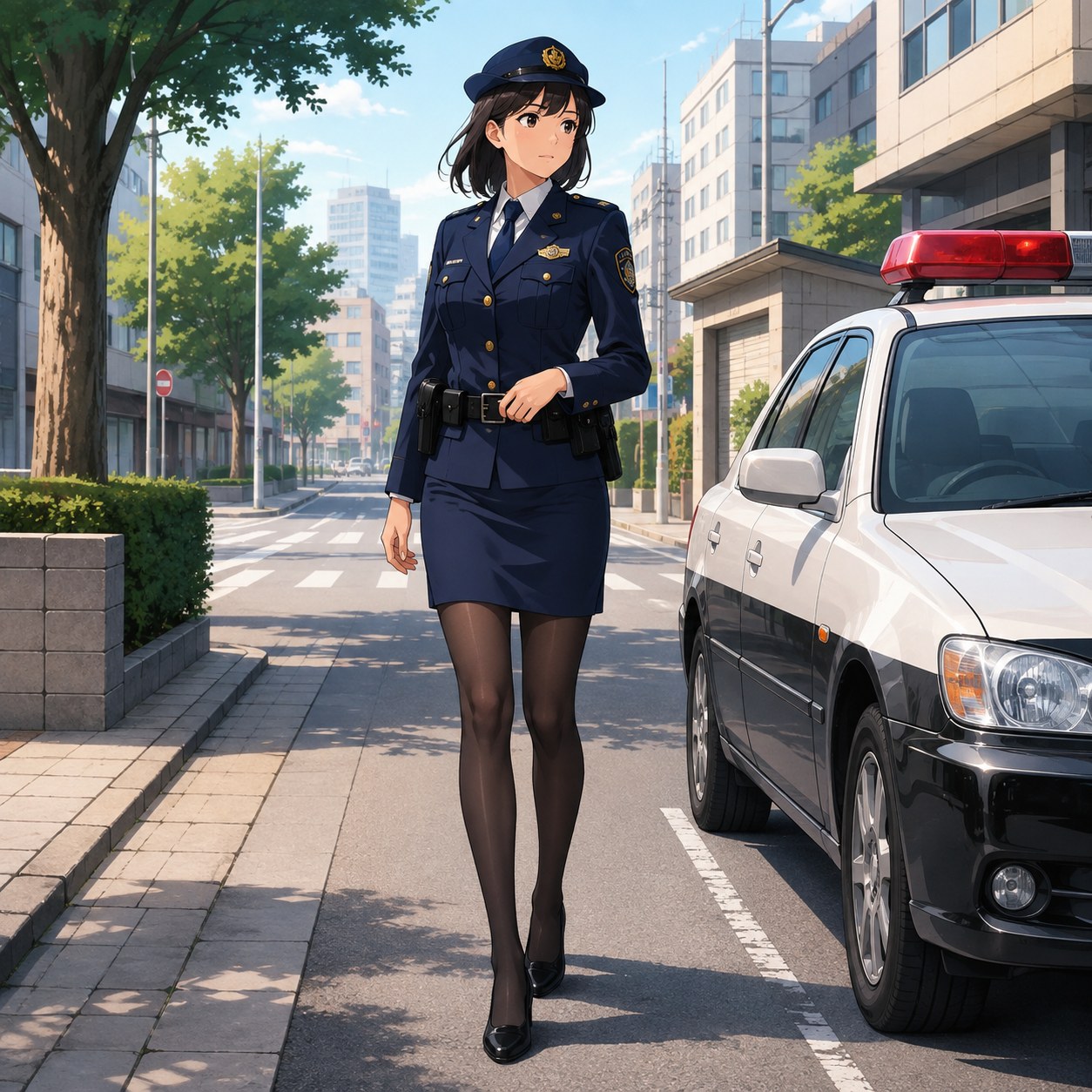 制帽とスカート制服に黒パンストを合わせてパトロールする女性警察官のアニメ調イラスト