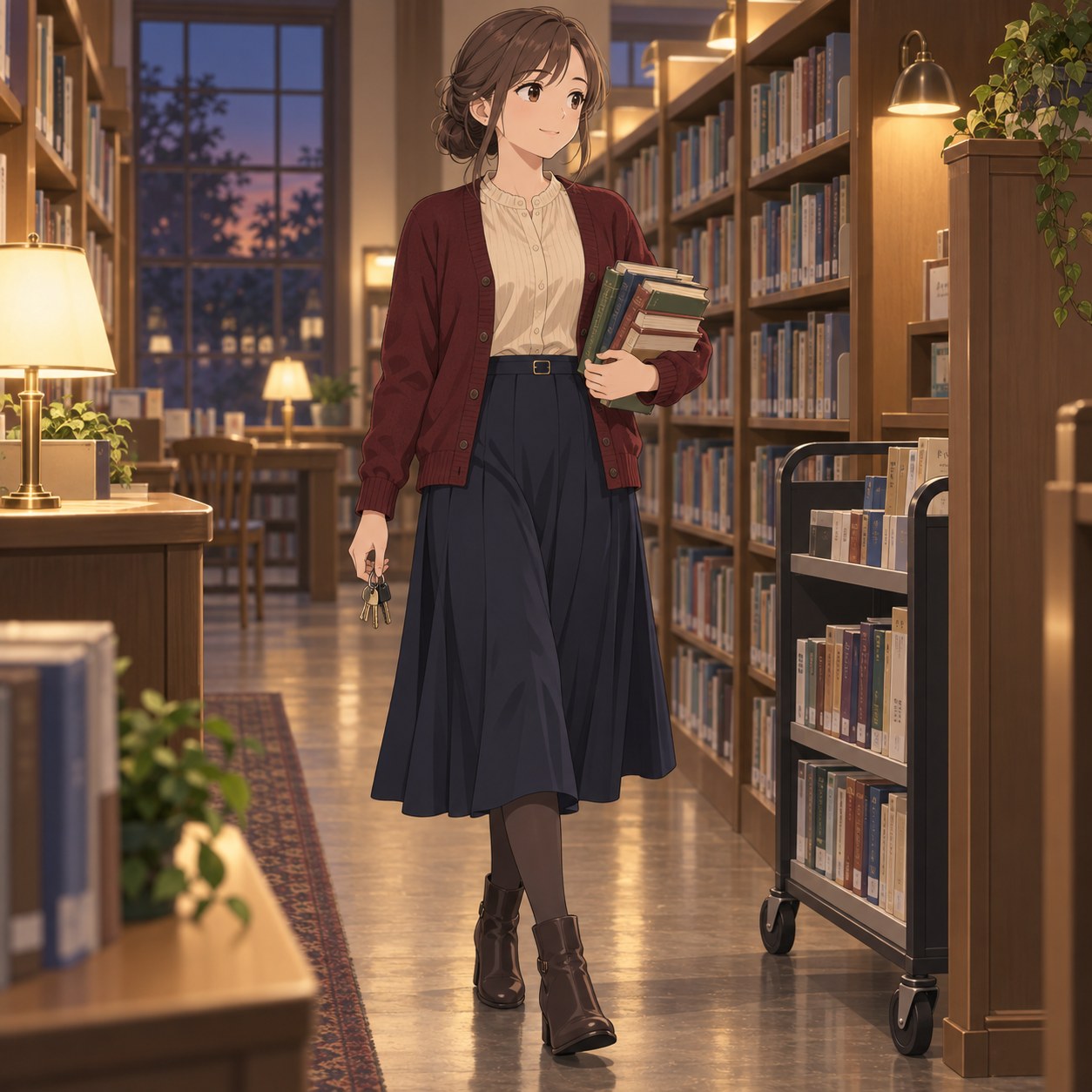 閉館作業をする図書館司書コーデ