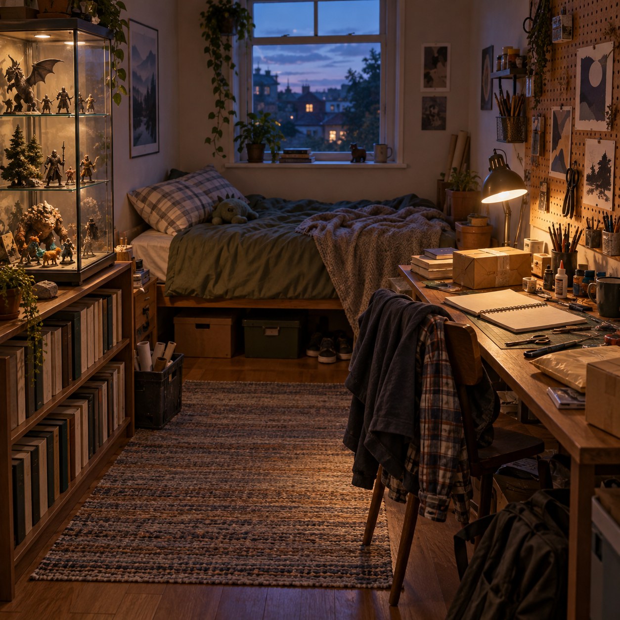 ベッドと工作机が近い収集部屋の背景