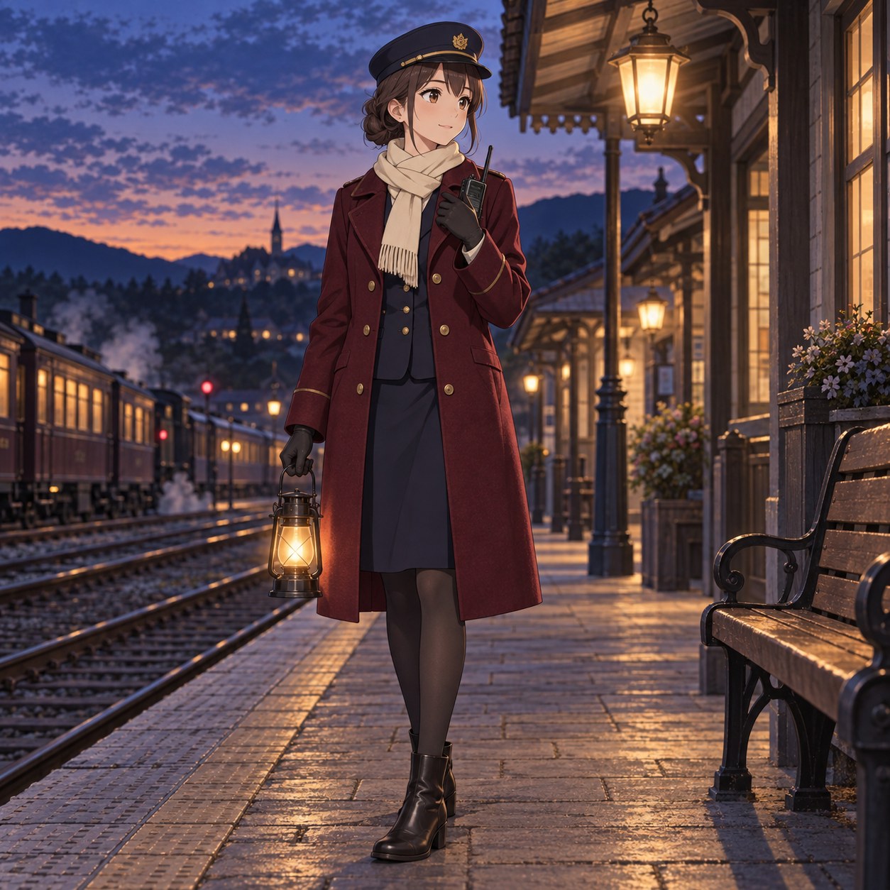 バーガンディのコートとマフラーで夕暮れの駅に立つ女性駅員のアニメ調イラスト