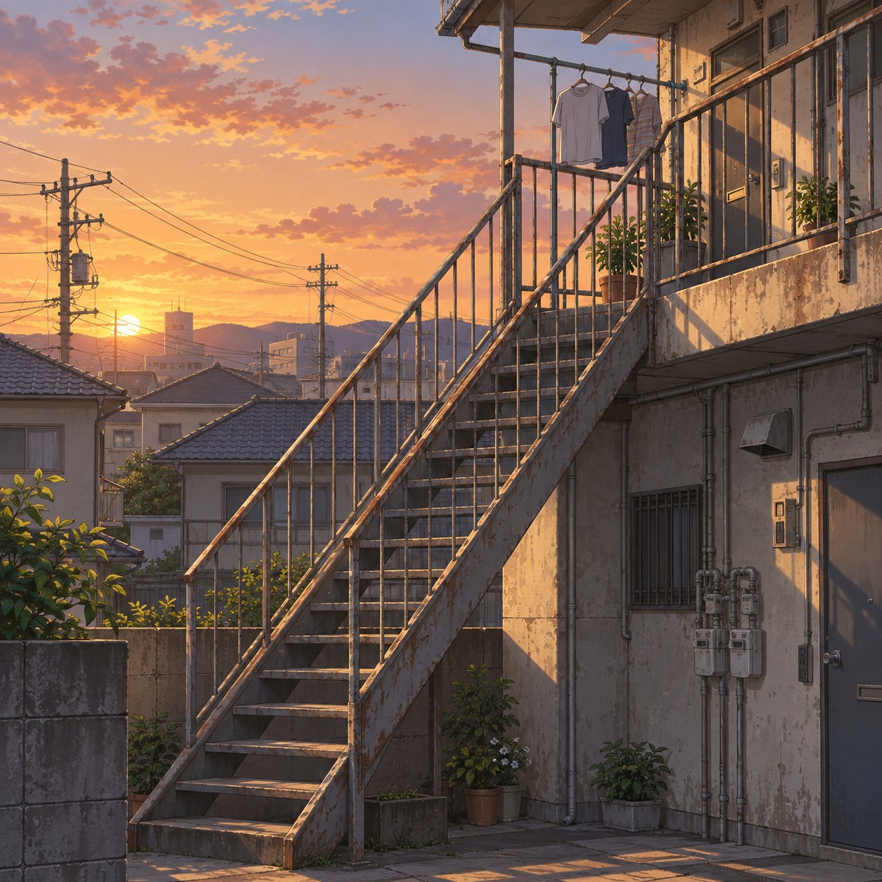 夕日に染まる古いアパートの外階段背景
