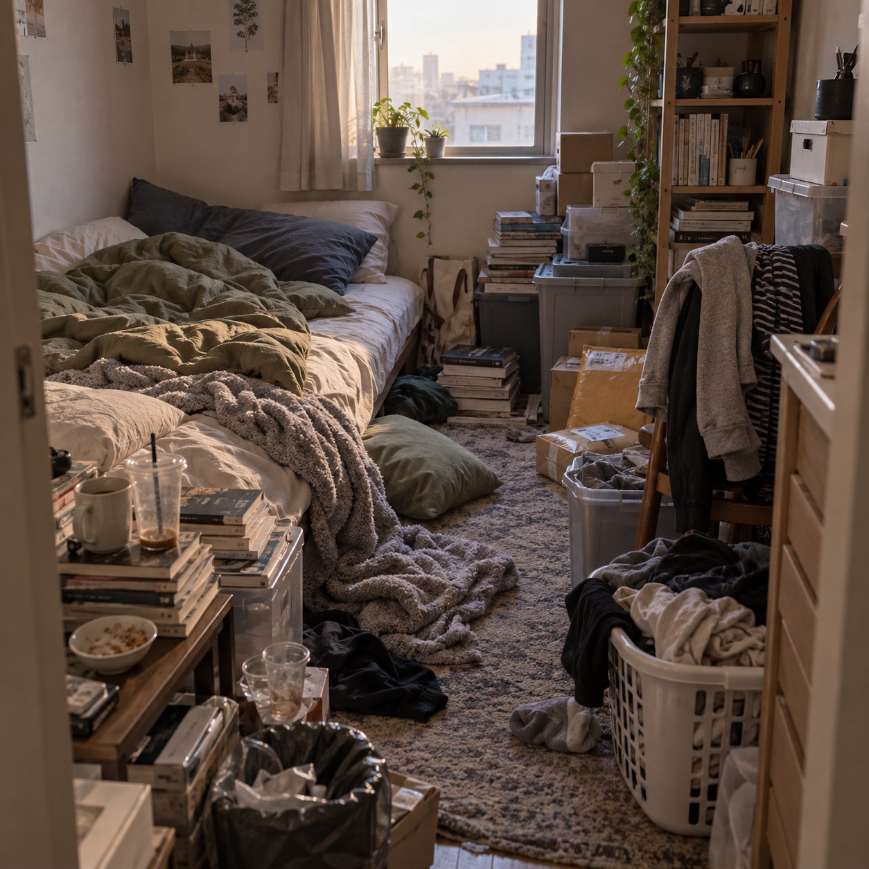 衣類と本が床まで広がる布団中心の汚部屋背景