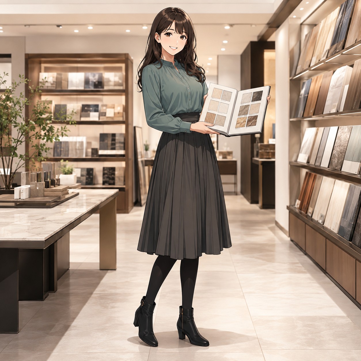 グリーンのブラウスとグレーのプリーツスカートで商品を説明する営業職OLのアニメ調イラスト