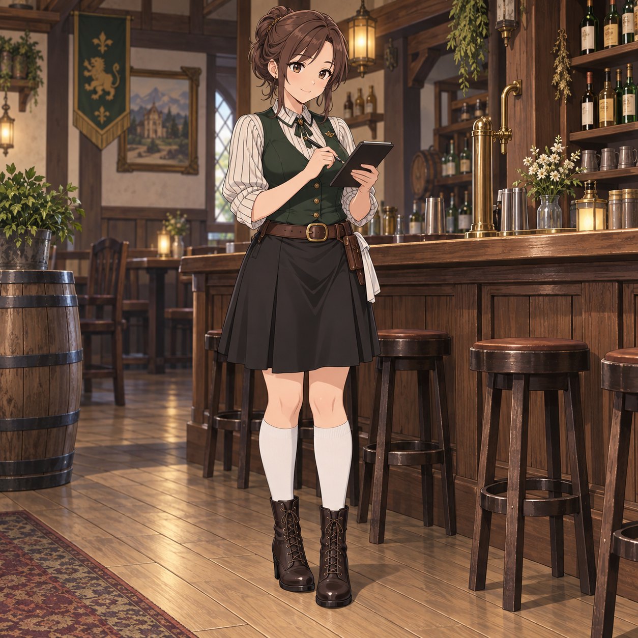 グリーンのベストと白いハイソックスで注文を確認する女性バーテンダーのアニメ調イラスト