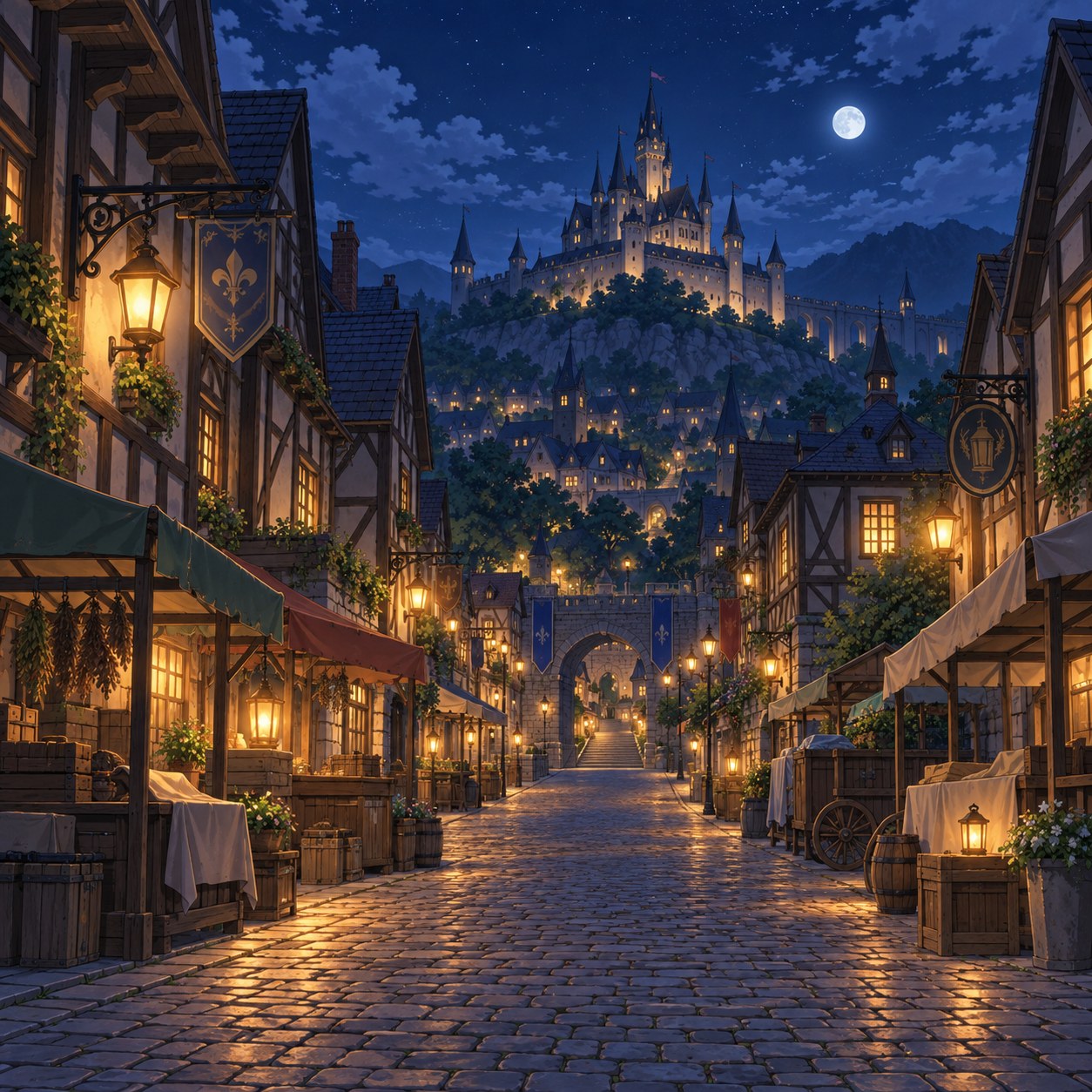 夜の城下町のアニメ背景