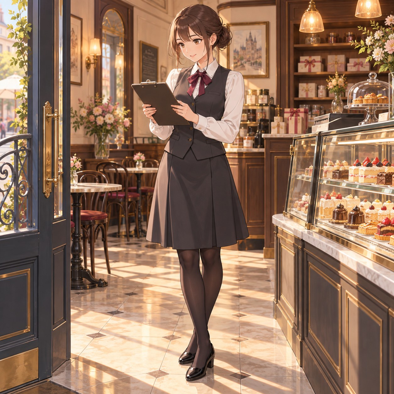 チャコールのベストとバーガンディのリボンで注文を確認する女性洋菓子店長のアニメ調イラスト