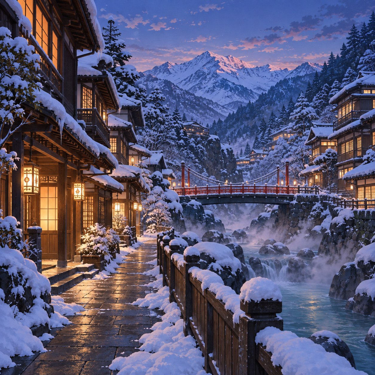 雪の温泉街のアニメ背景