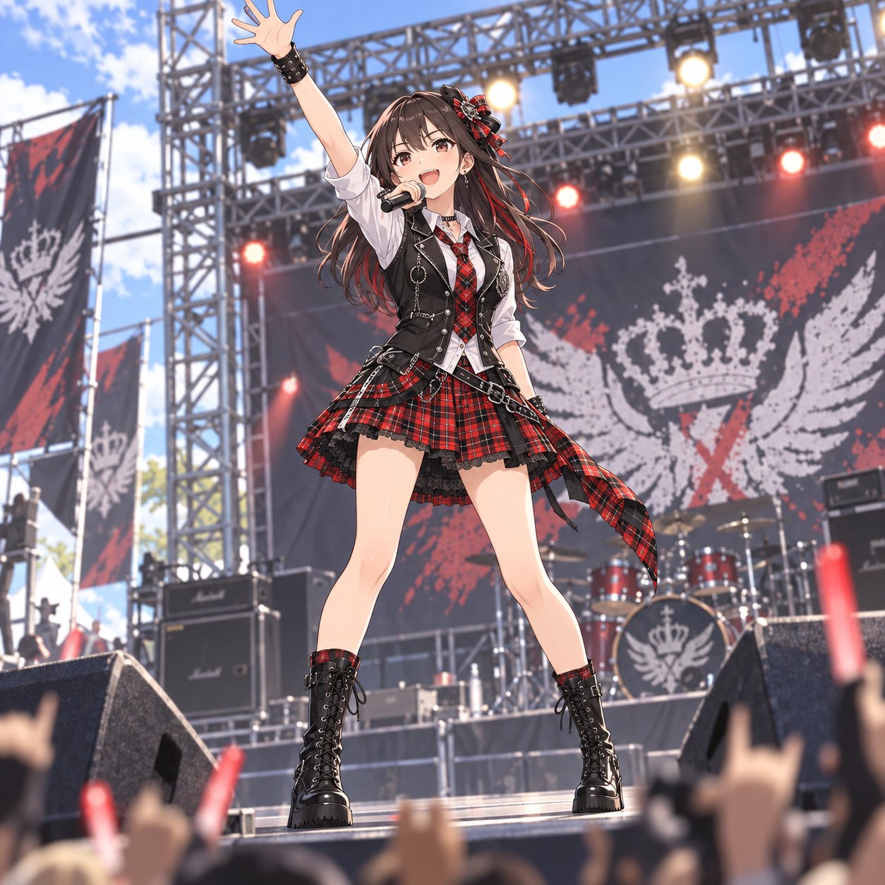 赤黒タータンと黒ベストで野外フェスに立つロック系アイドルのアニメ調イラスト