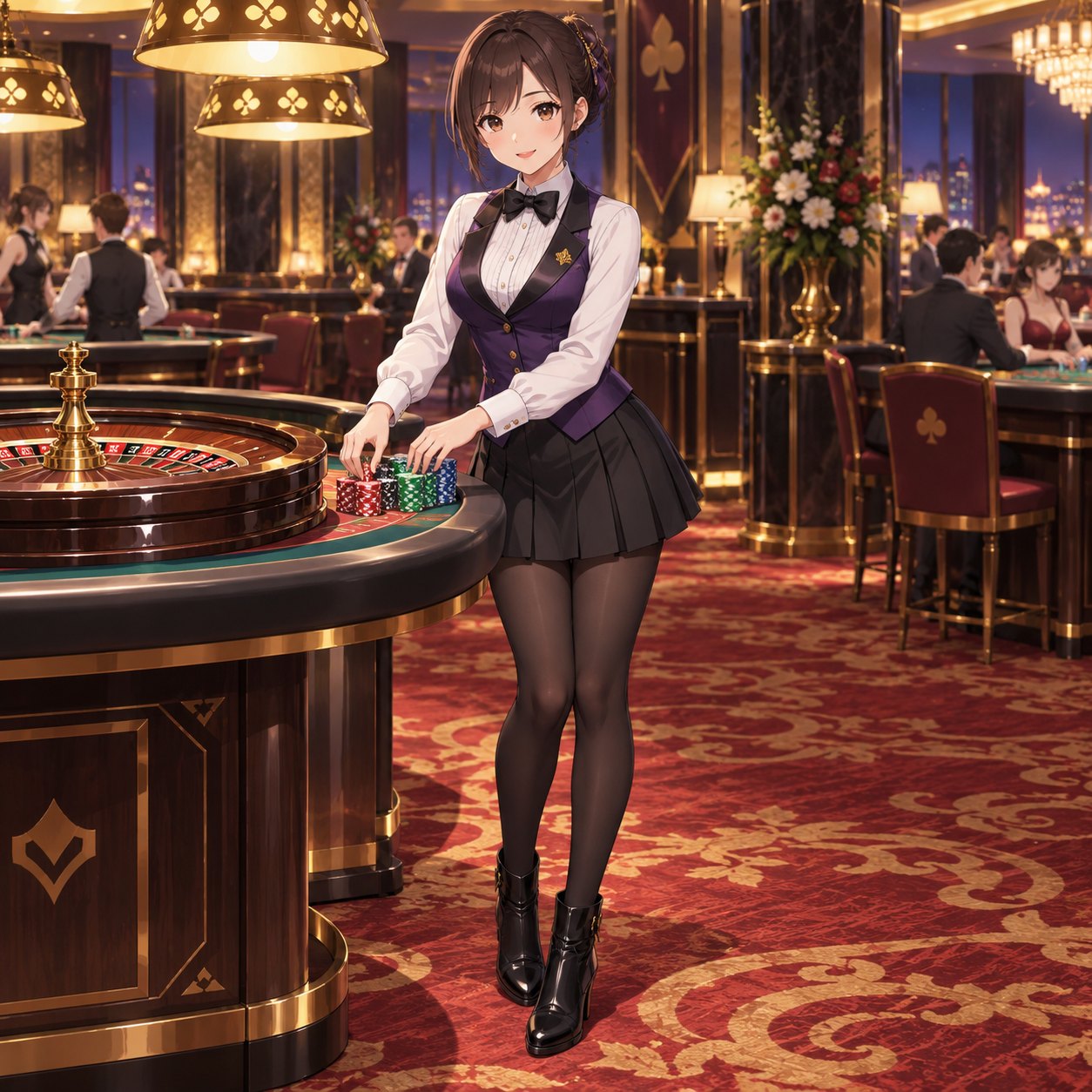 バイオレット色のベストでルーレットチップを整える女性ディーラーのアニメ調イラスト