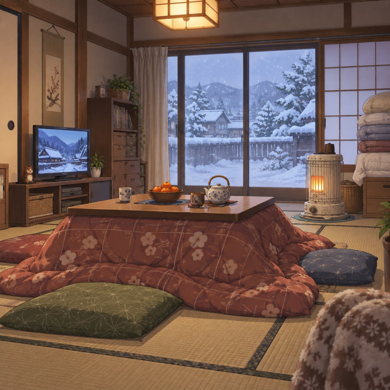こたつと雪景色がある冬のリビング背景